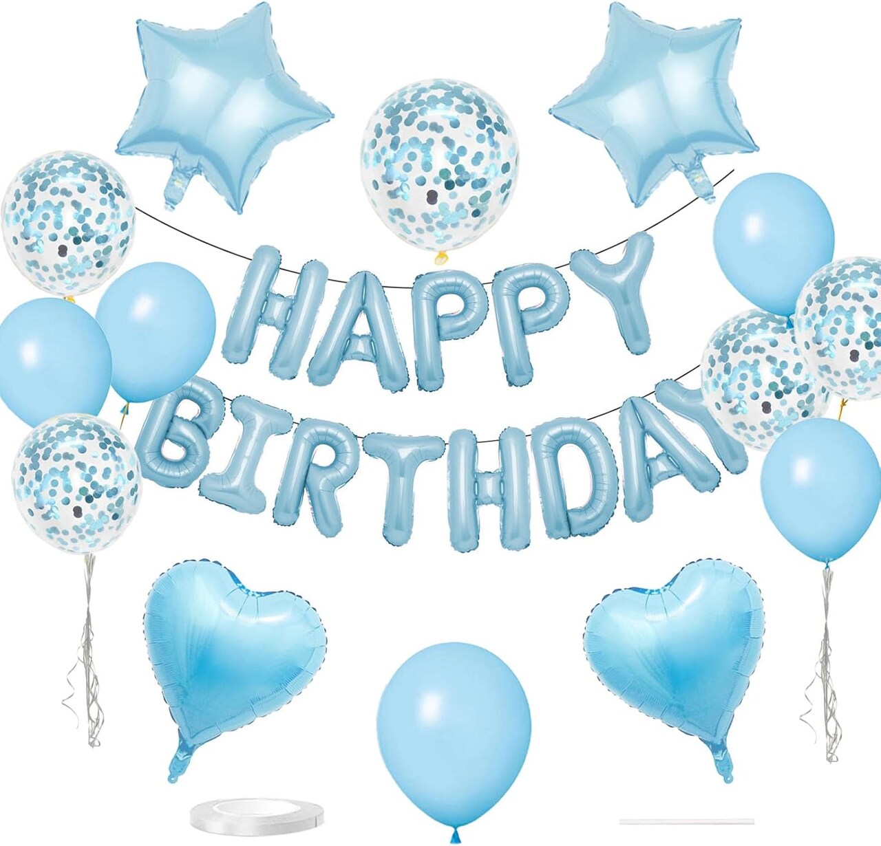 27 Pcs Light Blue Birthday Decorations Heart Foil Balloons Confetti Balloons Kit